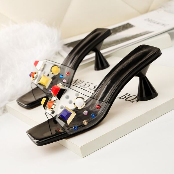 

Studded Decor Sculpture Heeled Sandal Mules, Black