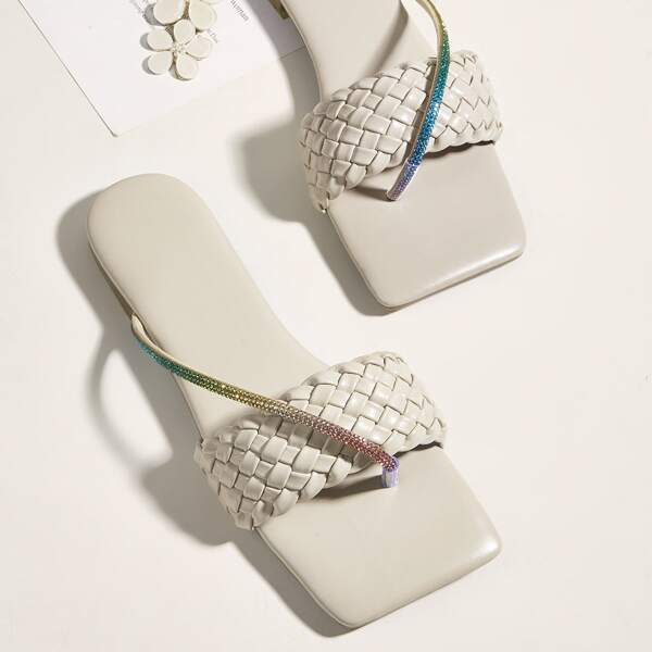 

Rhinestone Decor Braided Design Thong Sandals, Beige