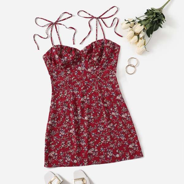 

Plus Knot Shoulder Ditsy Floral Slip Dress, Burgundy