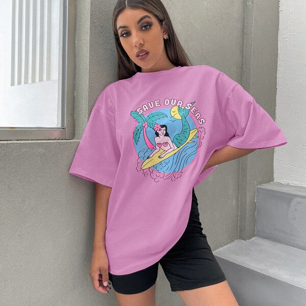 

Mermaid Print Drop Shoulder Tee, Lilac purple