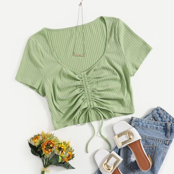 

Plus Drawstring Knot Rib-knit Tee, Green