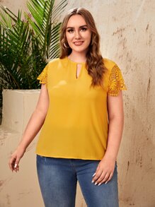 SHEIN Clasi Blus Ukuran Plus Tombol Kontras Lace Plain Casual - Jahe - View 1