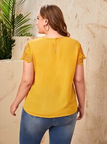 SHEIN Clasi Blus Ukuran Plus Tombol Kontras Lace Plain Casual - Jahe - View 2