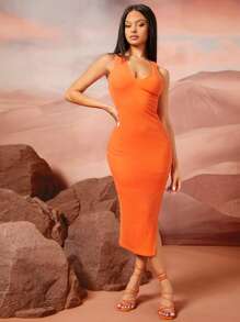 SHEIN Neon Orange Split Hem Rib Knit Bodycon Dress Without Belt - Orange - View 5