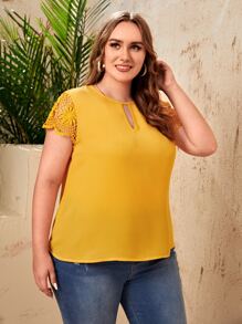 SHEIN Clasi Blus Ukuran Plus Tombol Kontras Lace Plain Casual - Jahe - View 4