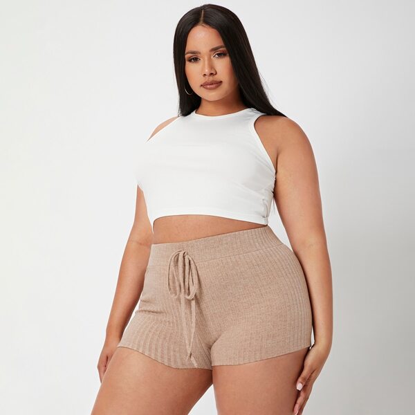

Plus Knot Front Rib-knit Shorts, Camel