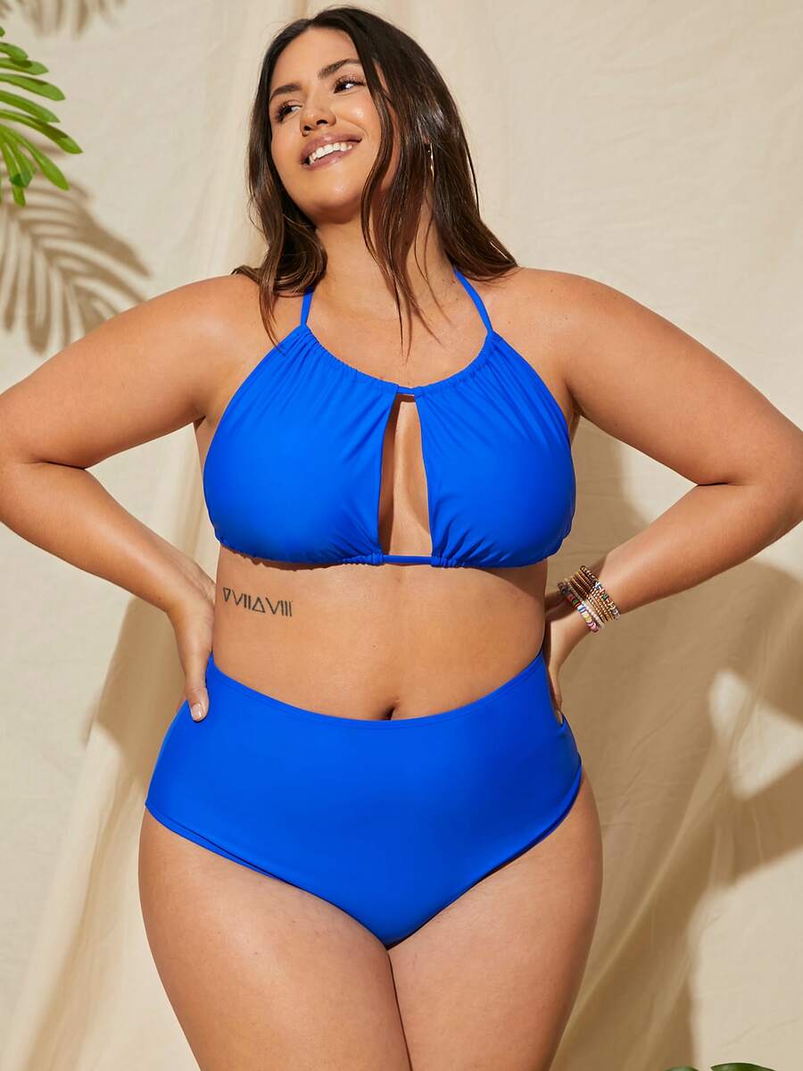 Plus Size Solid Halter High Waisted Bikini Set Summer Beach - Royal Blue - View 1