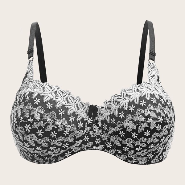 

Plus Floral Embroidered Underwire Bra, White