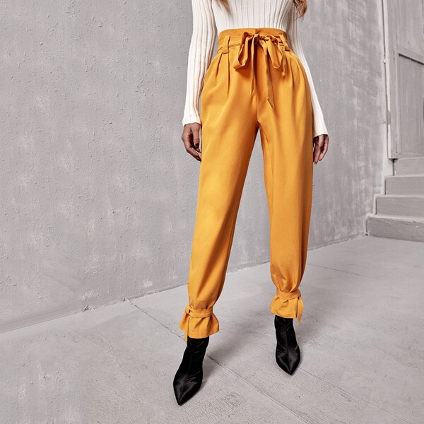 

Solid Knot Hem Belted Pants, Yellow