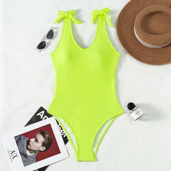 

Solid Tie Shoulder One Piece Swimsuit, Lime green