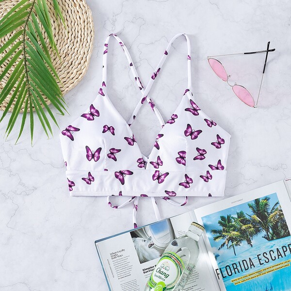 

Butterfly Print Tie Back Bikini Top, Multicolor