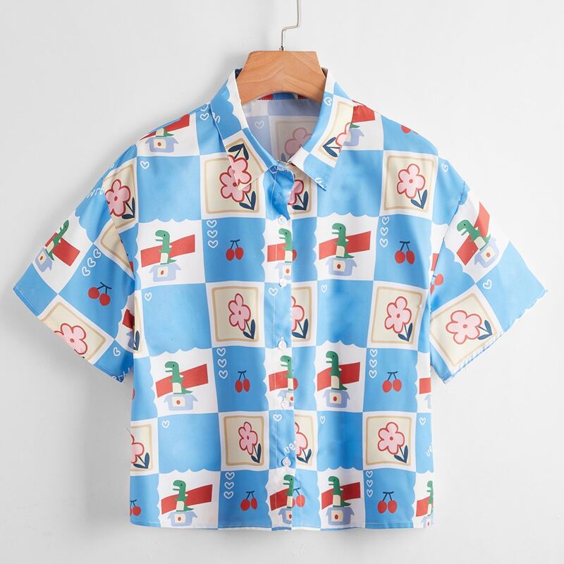 

Floral & Cartoon Dinosaur Graphic Button Front Blouse, Multicolor