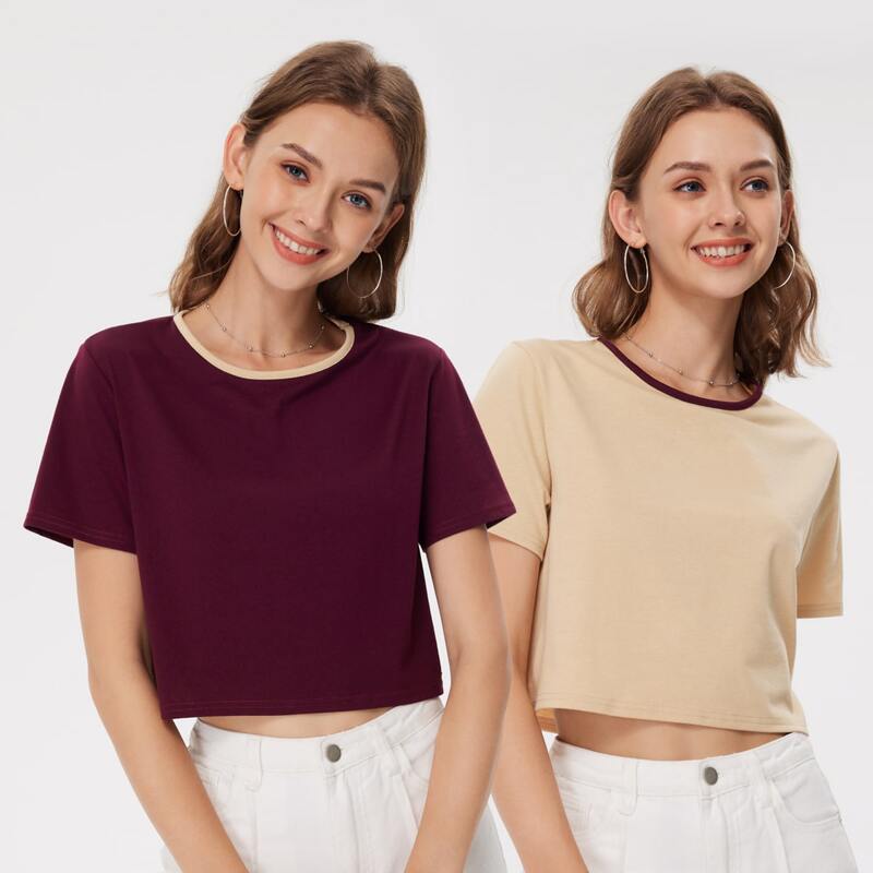 

2pcs Contrast Binding Crop Tee, Multicolor