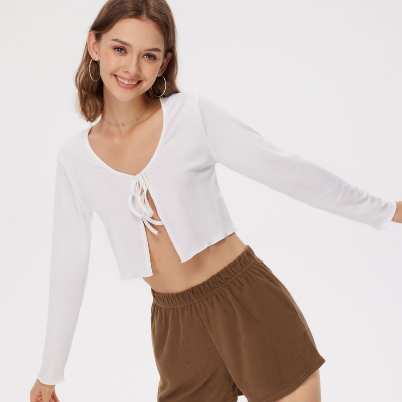 

Solid Tie Front Crop Top, White