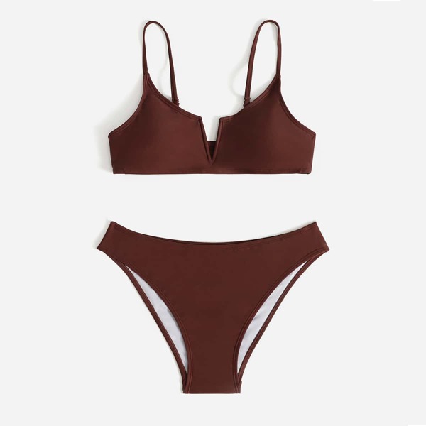 

Solid V Wired Bikini Swimsuit, Coffee brown