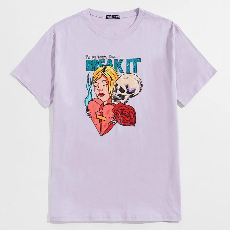 Unisex Letter Skull & Figure Graphic Tee, Lilac purple