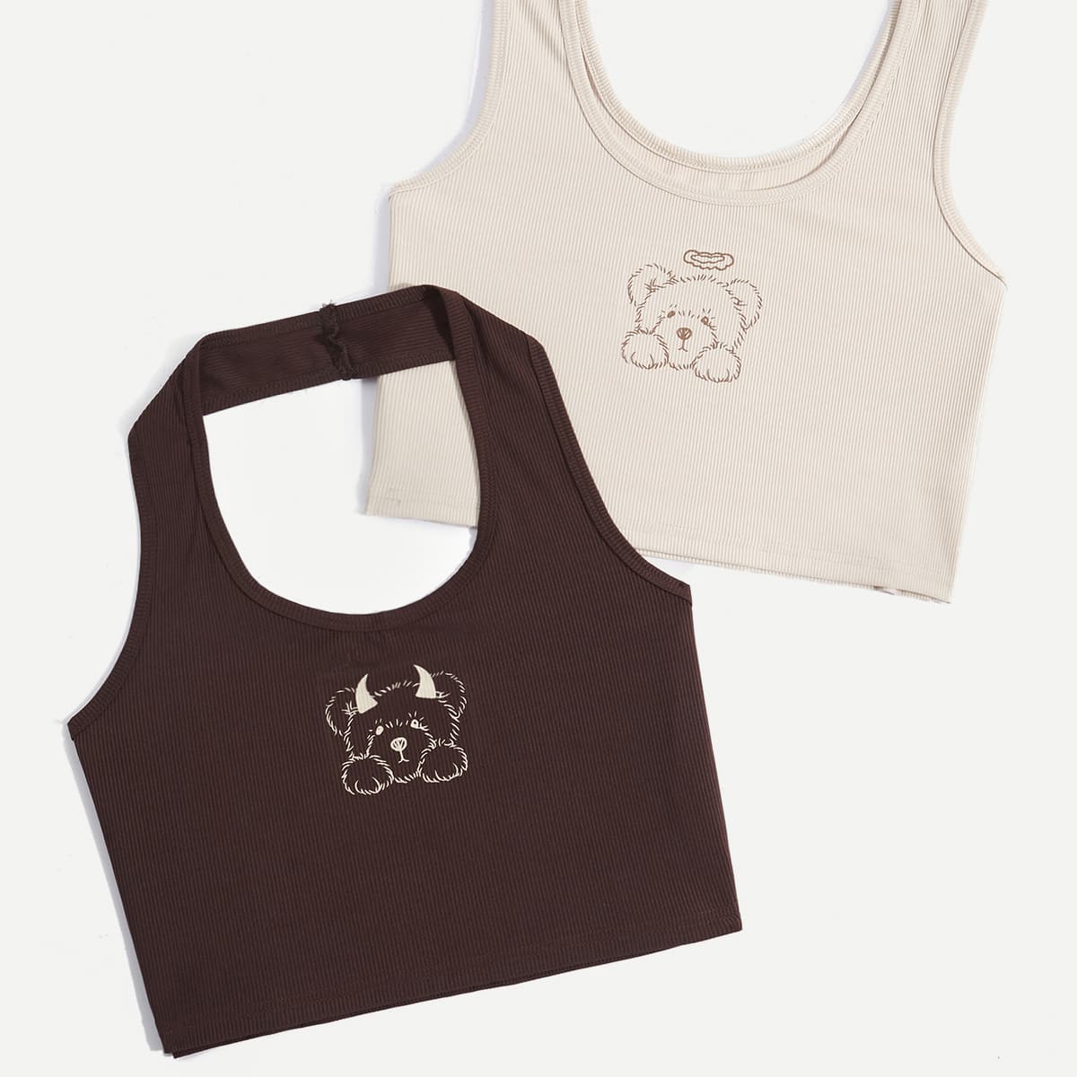 

2 Pack Cartoon Graphic Halter Top & Tank Top, Multicolor