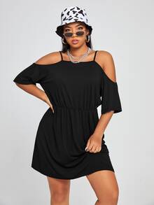 Plus Cold Shoulder A-line Dress - Black - View 5