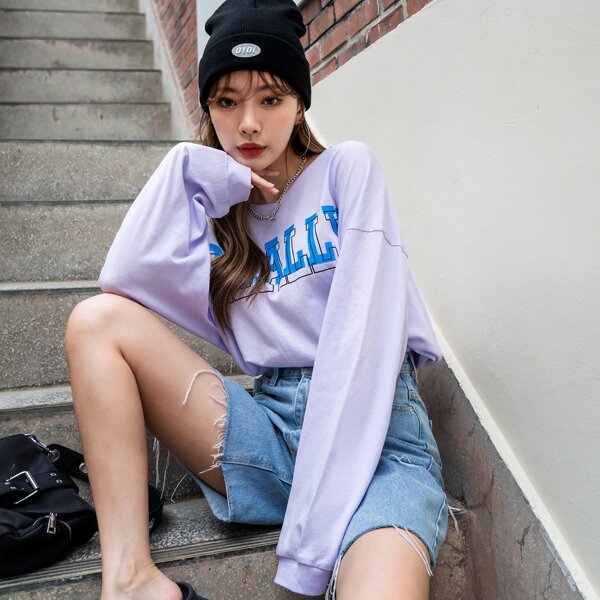 

Letter Graphic Drop Shoulder Hoodie, Lilac purple