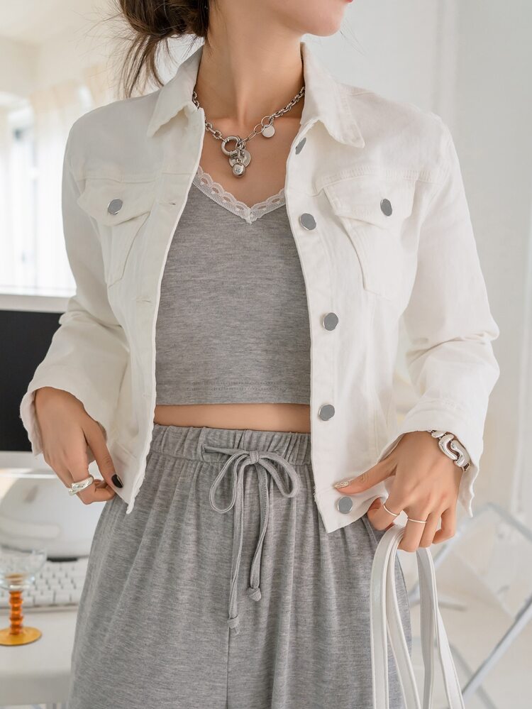 DAZY Chamarra denim & abrigo Bolsillo Liso Casual - Blanco - Añade 6