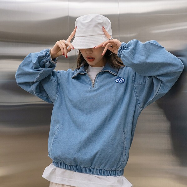 

Letter Patched Denim Jacket, Light wash