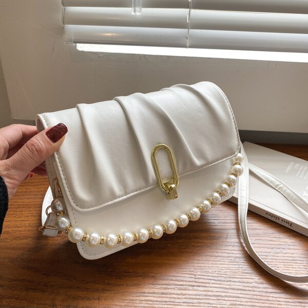 

Faux Pearl Decor Ruched Satchel Bag, White