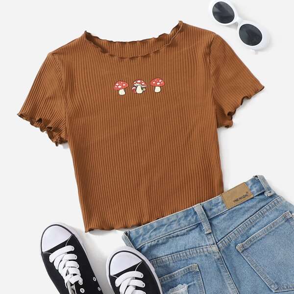 

Mushroom Print Lettuce Trim Tee, Brown