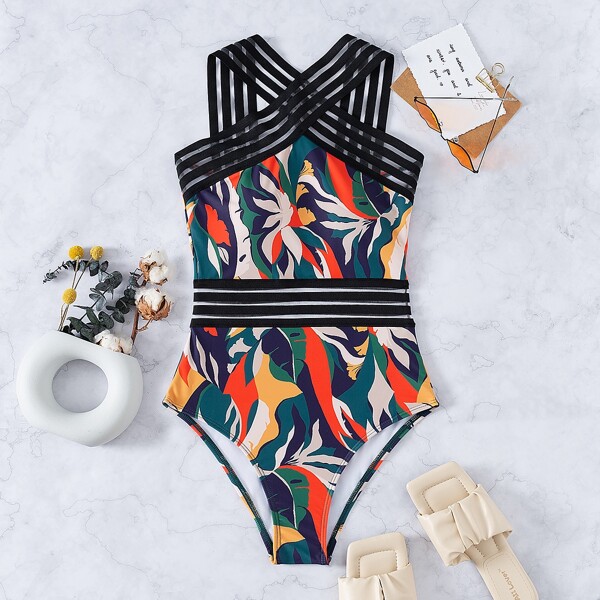 

Color Block Contrast Mesh One Piece Swimsuit, Multicolor