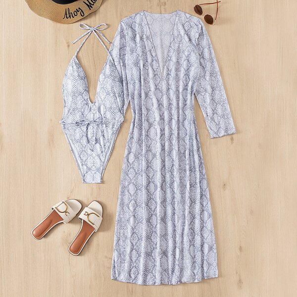 

Snakeskin Print One Piece Swimsuit With Kimono, Light grey