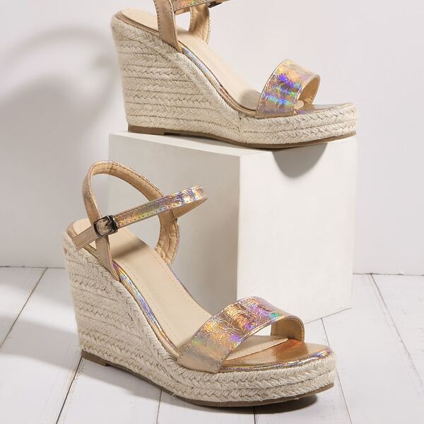 

Metallic Ankle Strap Platform Espadrille Wedges, Champagne