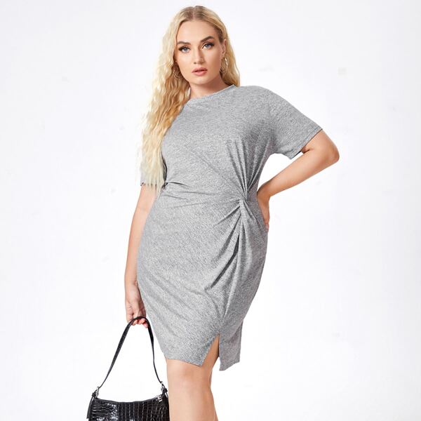 

Plus Twist Split Fitted Dress, Grey