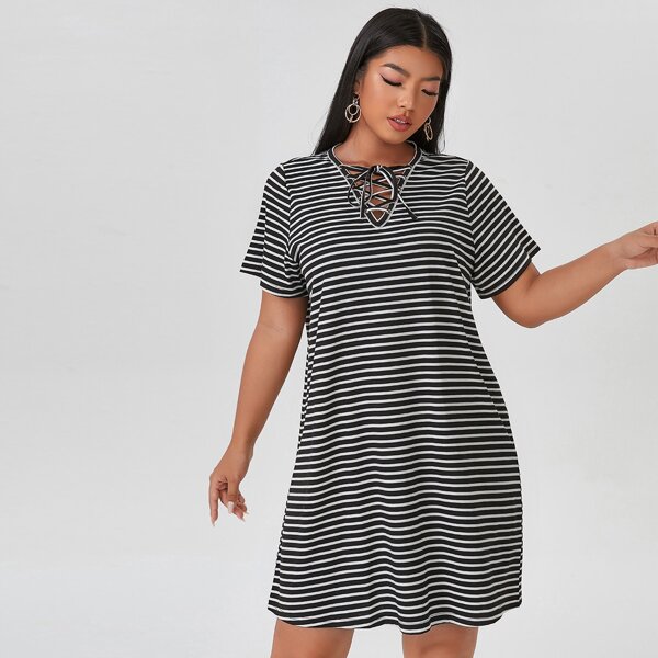 

Plus Striped Lace Up Tee Dress, Black and white