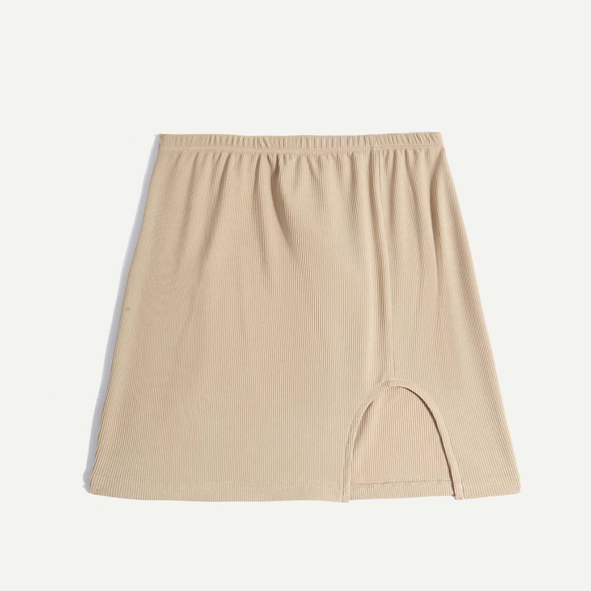 

Solid Ribbed Split Skirt, Apricot