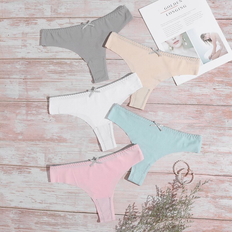 

5pack Solid Rib Bow Decor Thong Set, Multicolor
