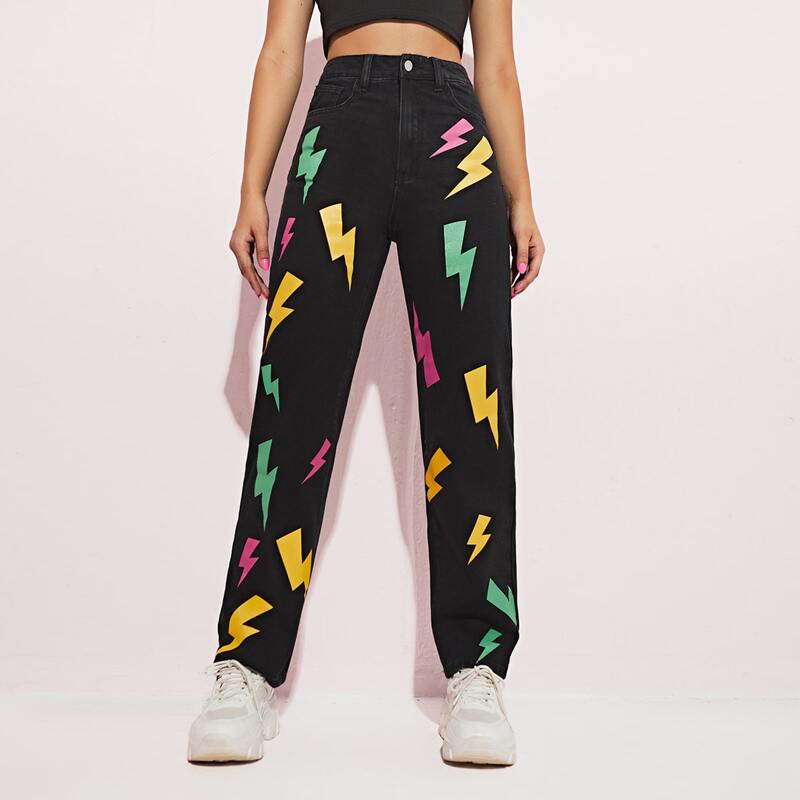 

High Waist Lightning Print Straight Jeans, Black