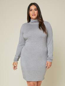 SHEIN BASICS 大碼高領素色緊身連衣裙 - 淺灰色 - 查看 2