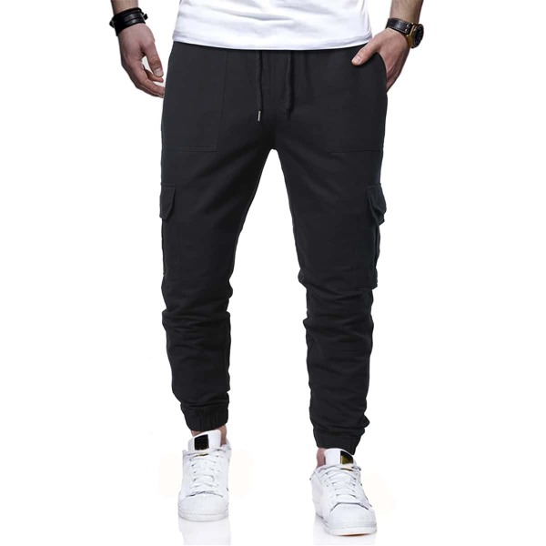 

Men Flap Pocket Side Drawstring Waist Cargo Pants, Black