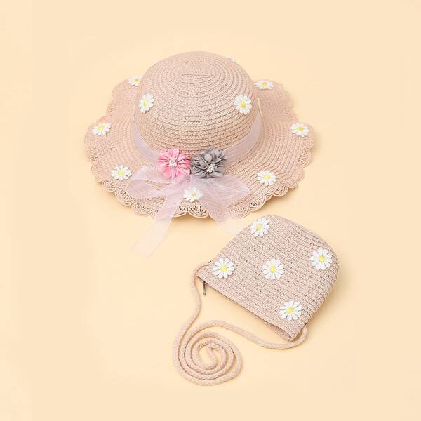 

Girls Flower Decor Straw Hat & Bag, Pink