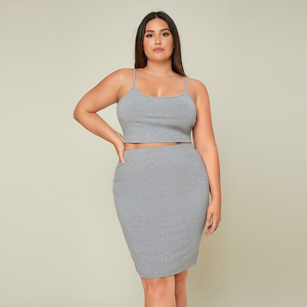 

Plus Rib-knit Solid Cami Top & Skirt Set, Light grey
