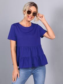 SHEIN 荷葉邊下擺素色上衣 - 藍色 - 查看 1