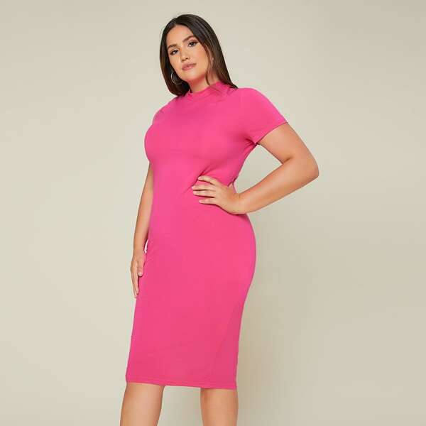 

Plus Solid Mock Neck Bodycon Dress, Hot pink