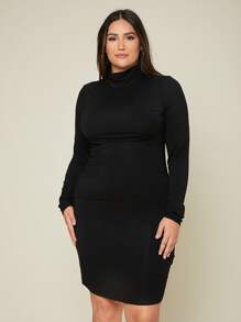 SHEIN BASICS Plus High Neck Solid Form Fitted Dress - Black - View 2