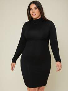 SHEIN BASICS Plus High Neck Solid Form Fitted Dress - Black - View 5