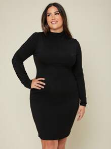 SHEIN BASICS Plus High Neck Solid Form Fitted Dress - Black - View 1