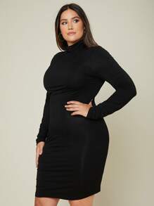 SHEIN BASICS Plus High Neck Solid Form Fitted Dress - Black - View 6