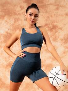 Medium Support Seamless Sports Bra - Cadet Blue - View 2