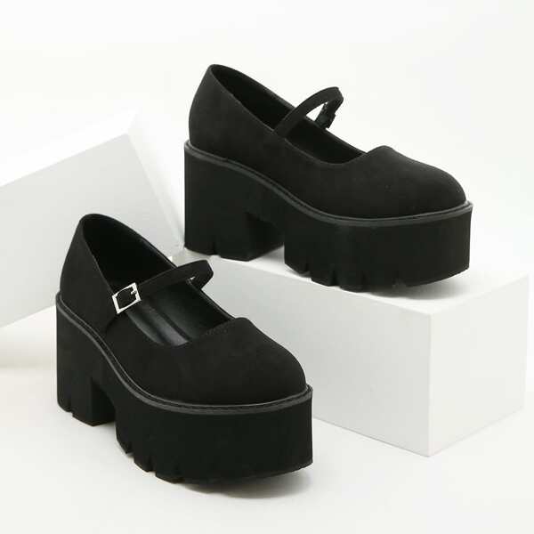 

Minimalist Platform Chunky Mary Jane Pumps, Black