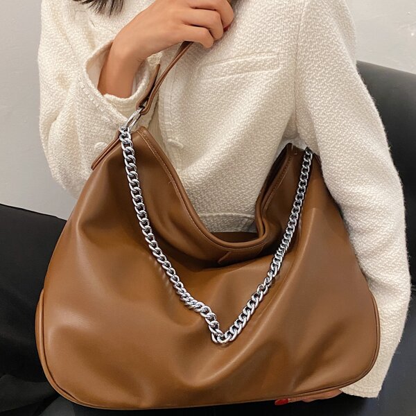

Chain Decor Large Capacity Shoulder Bag, Brown