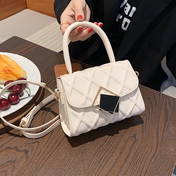 

Metal Decor Braided Pattern Flap Square Bag, White