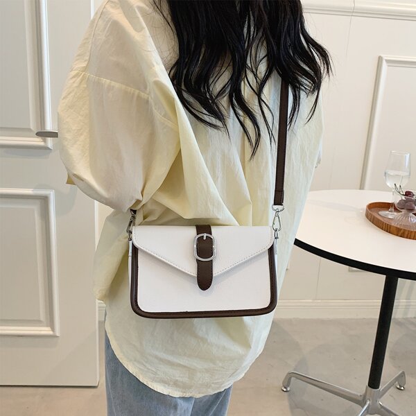 

Two Tone Buckle Detail Flap Square Bag, White